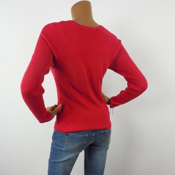 INC Top M Red Ribbed Sweater Velvet Lace Up Rhinestone Grommets Party Shirt - Picture 6 of 9
